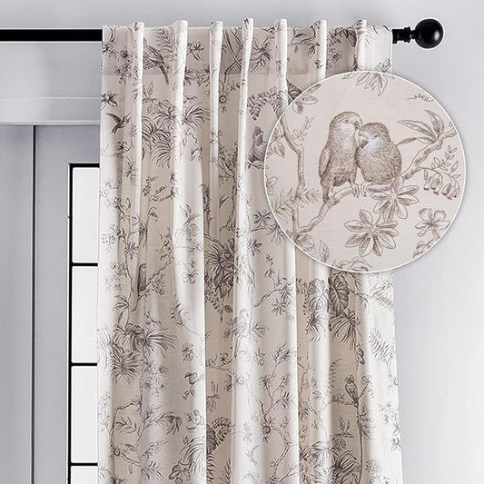 Maison d' Hermine Curtains for living room 100% Cotton 108 inch length One Panel Light Filtering Toile Curtains for Bedroom Windows with rod and loop Pockets Drapes (Jouy Paradise Beige, 50"W x 108"L)