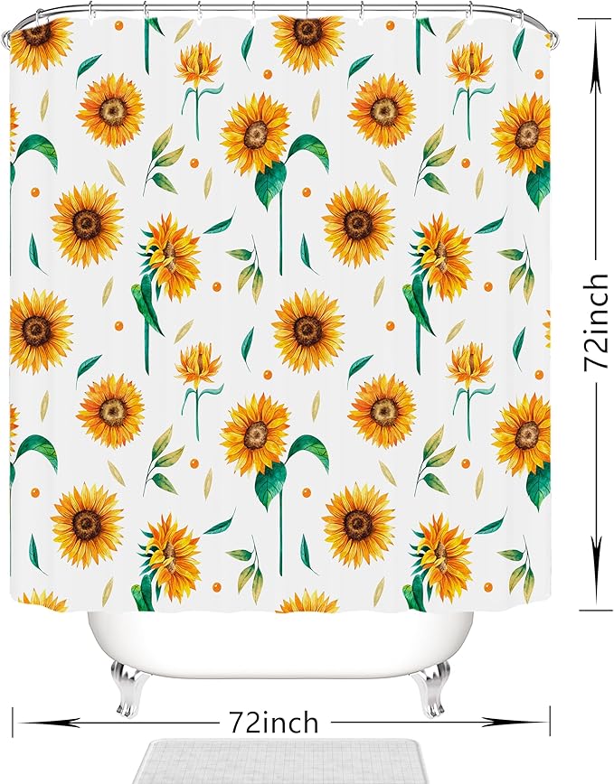 Domoku Sunflower Star Yellow Shower Curtain with Hooks,Summer Waterproof Floral Fabric Bathroom Curtain Set for Autumn Rustic Botanical Flower Bathroom Decorative Watercolor Sunflower, 72"x72"