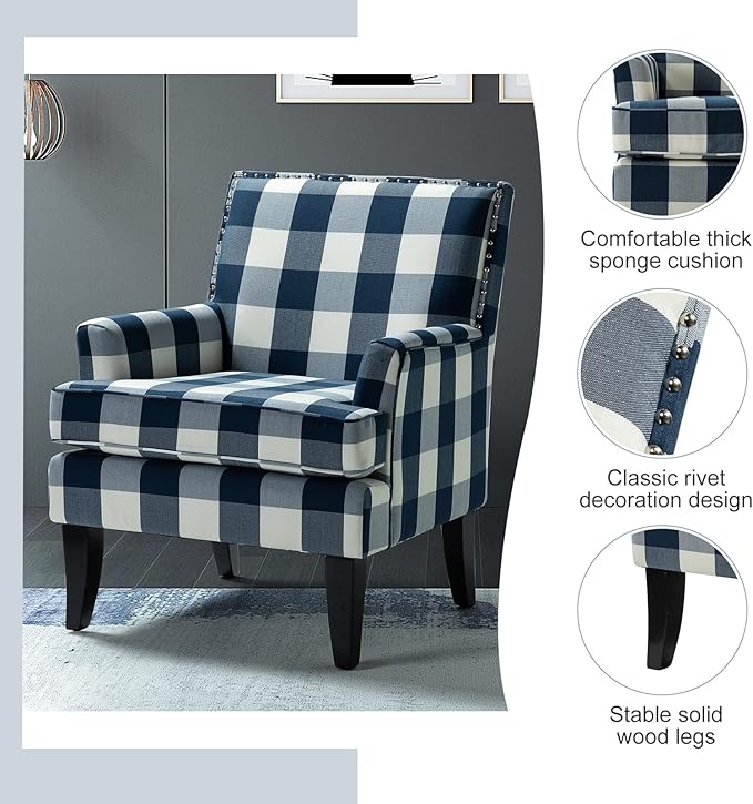 HULALA HOME Modern Accent Chair with Arms and Wooden Legs, Buffalo Plaid Accent Chair Armchair High Back Rest, Padded Armrest and Comfortable Cushioned Seat for Living Room (Buffalo Navy)