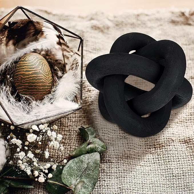 3 Link Wood Knot Decor - Hand Carved Coffee Table Decoration, Boho Chain Link Decor, Modern Shelf, Rustic Objects for Home Living Room Bedroom(Black)