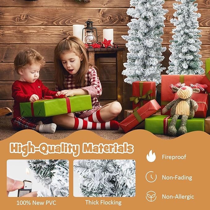GOFLAME Set of 3 Potted Christmas Tree Snow Flocked, 3’ 4’ 5’ Slim Pencil Trees with 120, 140, 160 Branch Tips & Cement-Filled Metal Bases, Artificial Entrance Xmas Trees for Porch, Front Door