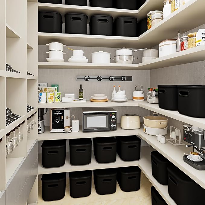 8 Pack Black Storage Bins with Lids for Shelves, Plastic Storage Containers with Lids for Organizing, Stackable Storage Boxes with Handle, Black Storage Bins for Classroom, Craft, Snacks