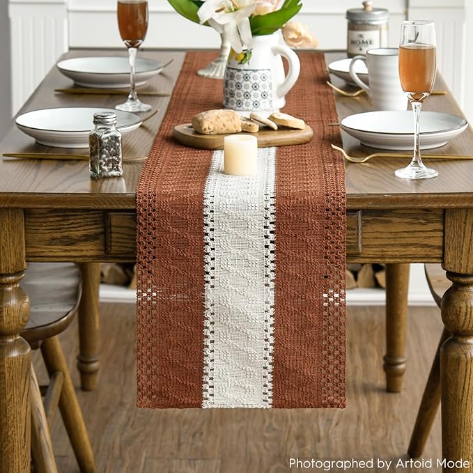 Artoid Mode Caramel Farmhouse Rustic Table Runner, Seasonal Hollow Kitchen Dining Table Decoration for Home Party Decor 12x72 Inch