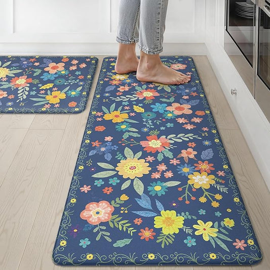 GENIMO Kitchen Mats for Floor 2PCS, Cushioned Kitchen Rugs Non Slip Washable, Farmhouse Anti Fatigue Mat Waterproof, Comfort Standing Mat Rug for Office, Home, Laundry, 17.3"x47"+17.3"x30", Navy