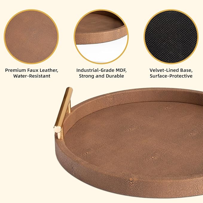 Set of 2 Round Shagreen Serving Tray, Modern Decorative Tray with Gold Polished Metal Handles, Coffee Table Ottoman Trays Perfume Trays Living Room Bathroom Home Decor (Brown)