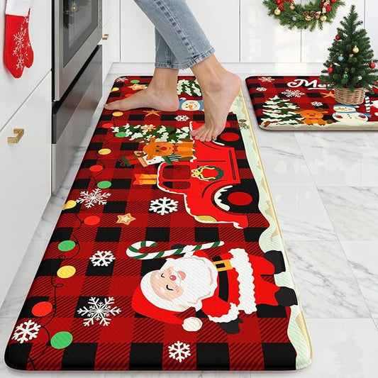 Christmas Kitchen Mats Anti Fatigue - Christmas Kitchen Rugs Sets of 2, Santa Claus Cartoon Buffalo Plaid Farmhouse Floor Mat, Non Slip Cushioned Home Christmas Decorations Gift(Red & Black)