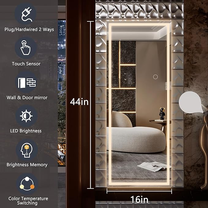 Hasipu LED Over Door Mirror Full Length, 44" x 15.8" Lighted Full Body Wall Mounted Mirror, Light Up Long Dressing Mirror, Square Black