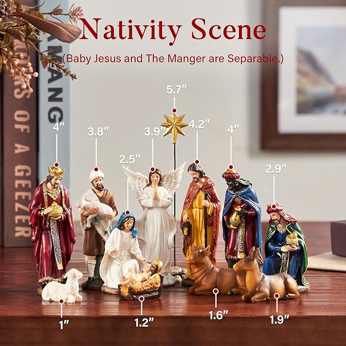 Nativity Sets for Christmas Indoor Set of 13 Pieces 3.9 Inches Tabletop Holidays Home Decor Classic Nativity Scene Resin Figurines Set Religious Decorations Collection Gifts fot All