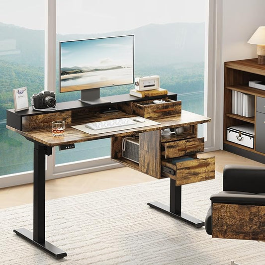 Standing Desk with 4 Drawers, 47.2 x 23.6 Inch Whole Piece Height Adjustable Electric Sit Stand Desk, Computer Home Office Workstation with Open Storage Shelf, Rustic Brown