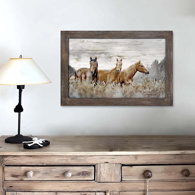 Horse Wall Art Framed Picture: Rustic Animal Wood Print Decor Brown Horses Western Artwork Wildlife Portrait Painting for Living Room Farmhouse Bedroom