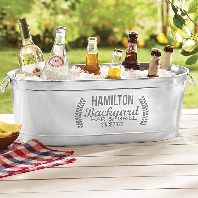 Let's Make Memories Personalized Backyard Bar Beverage Tub With Stand - Custom Beverage Tub - 20¾"Lx11¾"Wx7"H - 25"H Stand - 5.5 Gallons