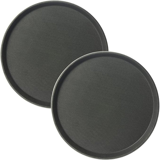 CURTA 2-Pack Restaurant Grade Non-Slip Tray, NSF, 16 Inch, Plastic Rubber Lined Round Serving Tray, Black