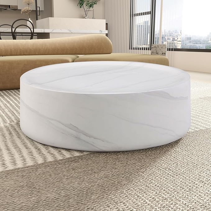 Marble Coffee Table, Modern Round Coffee Table, Circle Drum Coffee Tables, Fiberglass Center End Table for Living Room Apartment Office, No Assembly (31.49" Faux Marble White)
