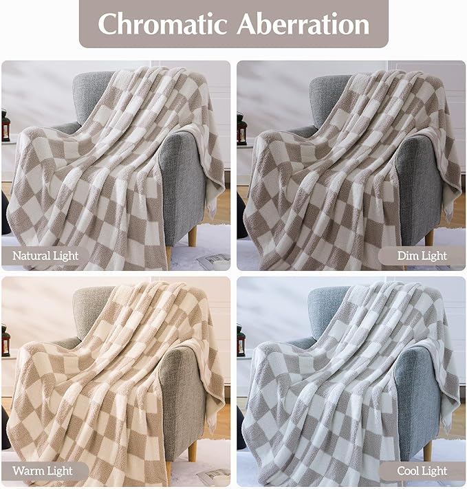 WRENSONGE Fall Checkered Throw Blanket, Taupe Soft Cozy Fluffy Warm Throw Blankets for Couch, Sofa, Chair, Bed, Camping, Picnic, Office,Travel Lightweight Bed Blanket - 50"*70"