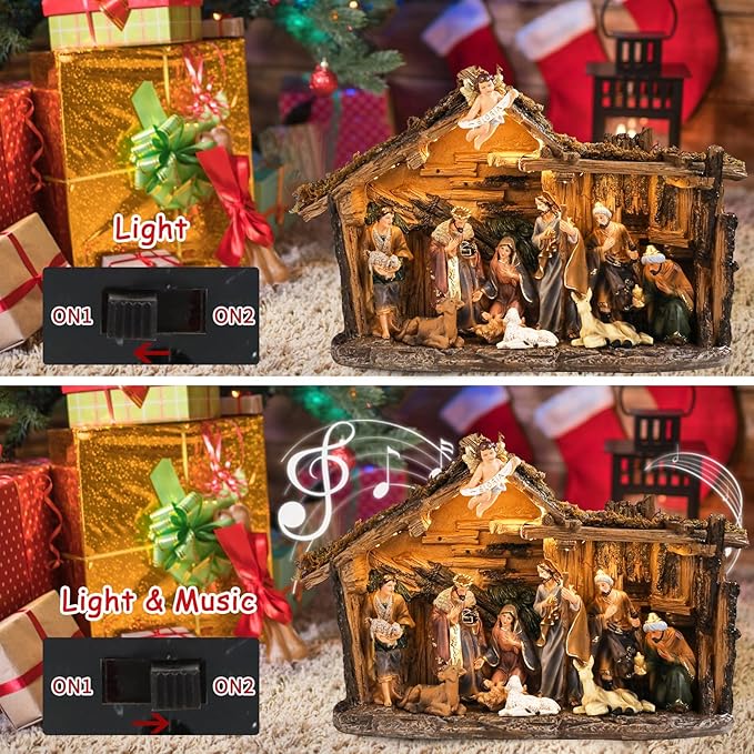 Christmas Nativity Set 9.5 Inch Village with LED Lights Figurine Nativity Music 3AA Batteries Interior Display Figurines Decorate Interior Room Tabletop Decor