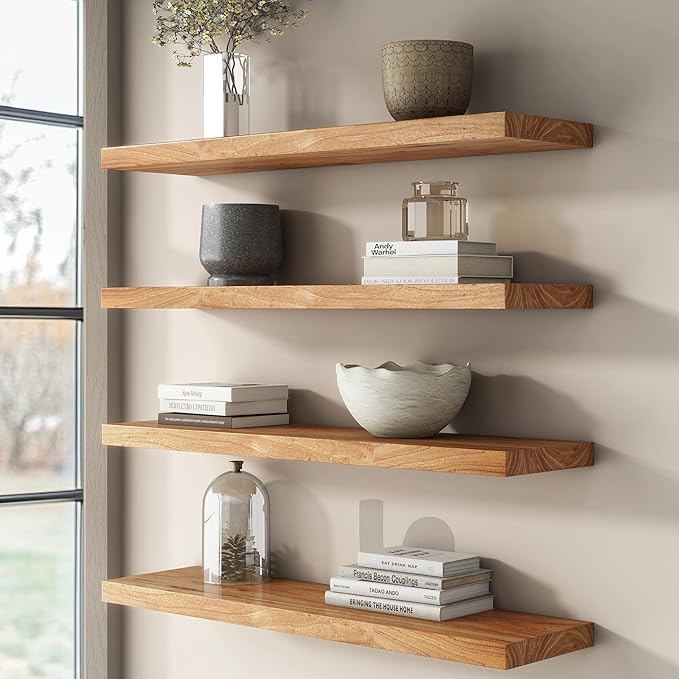 Rustic Elm Wood Floating Shelves for Wall, Flat Edge 24"W x 9.2"D x 1.4"H, Set of 2 with Invisible Bracket, Wall Mounted Storage Shelves for Living Room Bedroom Kitchen Bathroom Decor, Natural Finish