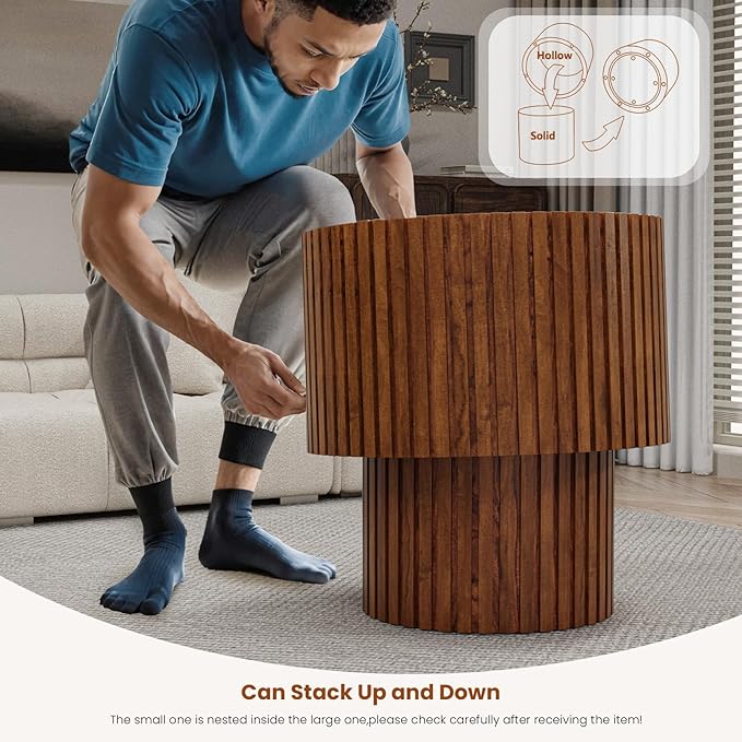 Nesting Coffee Tables Set of 2 Wooden Round Coffee Table Circle Nesting Table Space-Saving Design Modern Coffee Table Round Accent Tables Set for Living Room Bedroom Office (Brown B D27.5+D19.7“)