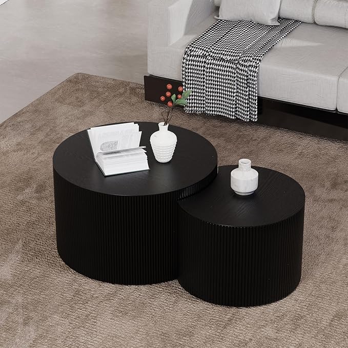 Nesting Coffee Table Set of 2 Modern Round Coffee Table with Non-Slip Feet Wood Drum Circle Accent Tables End Table Set for Living Room Bedroom Office (Black Crescent Set)