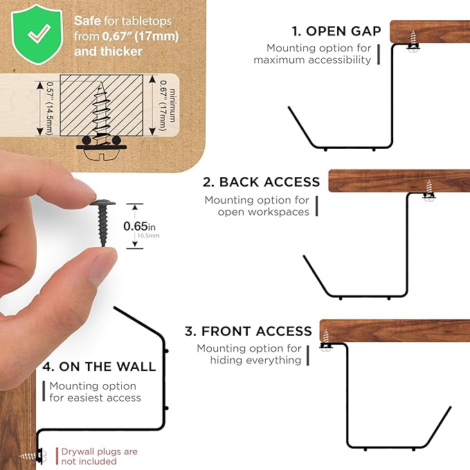 Compact Under Desk Cable Management Tray - Cable Organizer for Wire Management, Desk Wire Organizer, Cable Tray - Black Set of 2x12