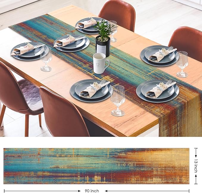 Emvency Blue and Orange Table Runner, Vintage Abstract Messy Rust Painting Dining Decor for Kitchen Coffee Table Family Dinners Holiday Parties Wedding Events Decor(13x90 inch)