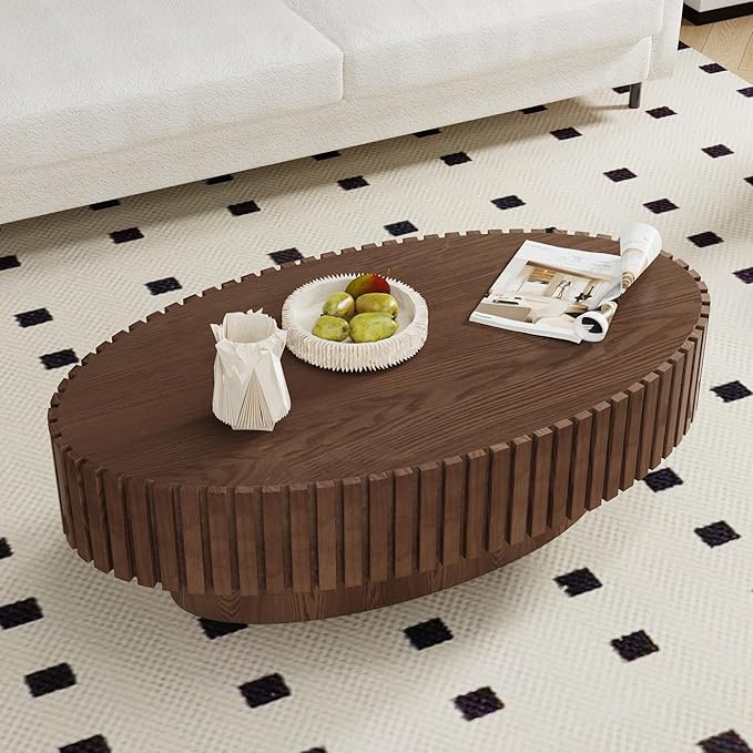 Modern Wood Oval Coffee Table - Handcraft Drum Coffee Tables with Sturdy Base, Easy Assembly, Contemporary Style Small Coffee Table Tea Table for Living Room, Bedroom, Office (Brown Oval)