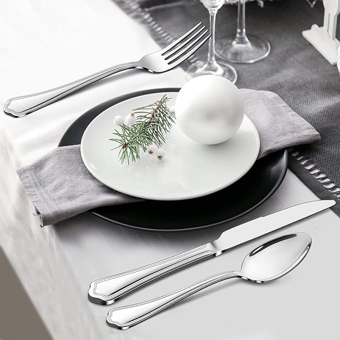 LIANYU 77-Piece Silverware Flatware Set for 12, Plus Steak Knives and Serving Utensils, Stainless Steel Flatware Cutlery Set, Eating Utensils Tableware with Scalloped Edge, Dishwasher Safe