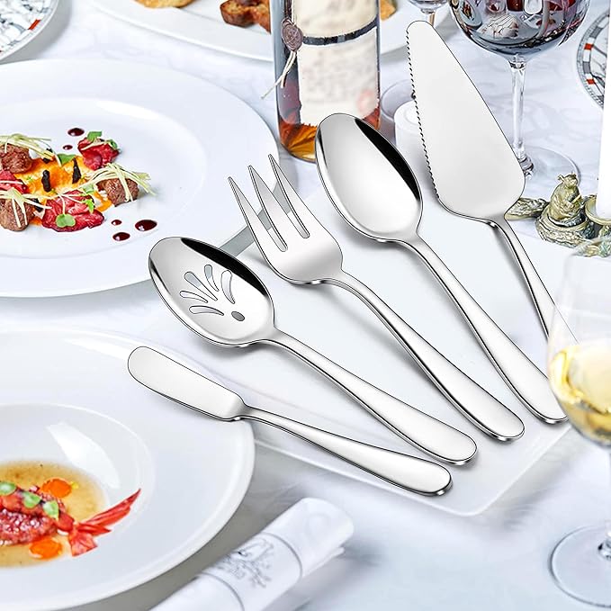 Herogo Heavy Duty Silverware Set with Serving Utensils, 65-Piece Stainless Steel Heavy Weight Modern Flatware Set for 12, Fancy Cutlery for Home Wedding, Dishwasher Safe, Mirror Finished