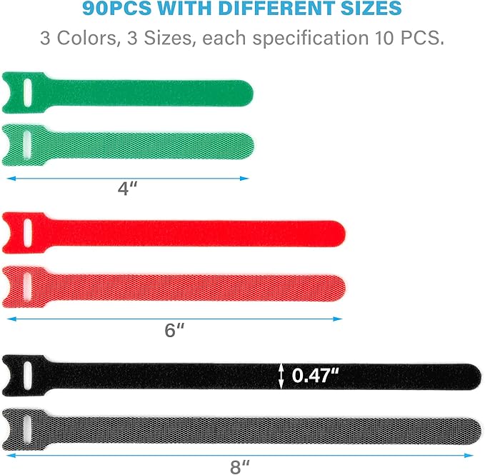 90 PCS Reusable Cable Ties 4+6+8 Inch, Adjustable Hook and Loop Straps for Cord Organization, Wire Management - Home, Office, Garage