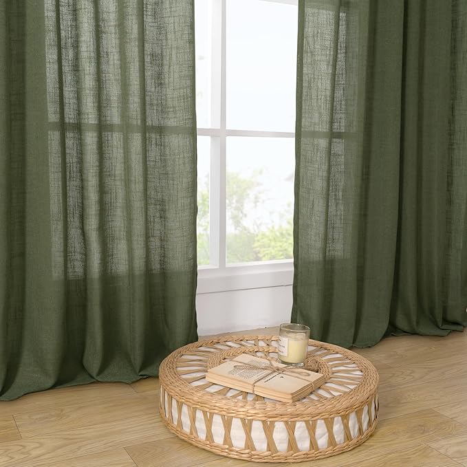 LAMIT Olive Green Linen Window Curtains 30 Inches Long 2 Panels, Semi Sheer Light Filtering Panels Back Tab and Rod Pocket Christmas Drapes for Basement/Small Windows, 34 x 30 Inch