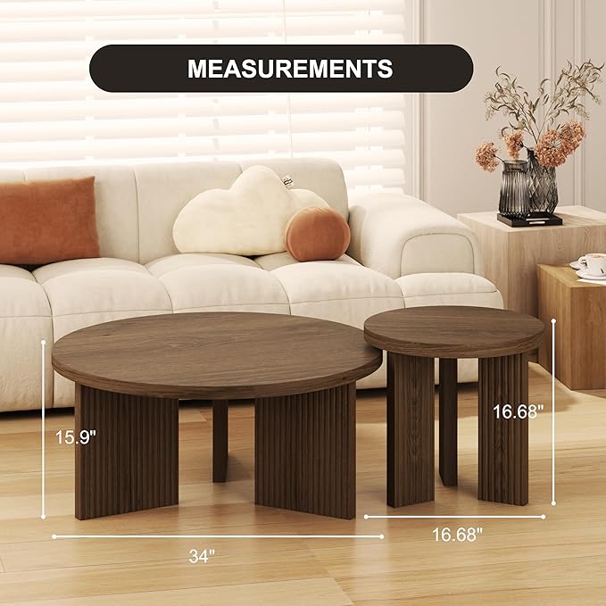 Nesting Coffee Table Set of 2, Modern Wooden Coffee Table with Smooth Thick Design, Circle Tea Table and End Table Set, Accent Center Tables for Living Room, Office, Brown