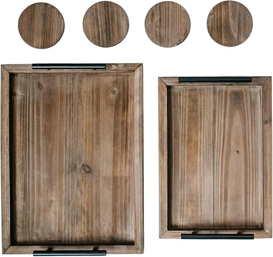 Decorative Ottoman Serving Tray Wooden Rustic (Set of 2) | Black Sleek Metal Handles | 4 Matching Coasters | Coffee Table Decor | Serving Kitchen Platter (Brown)