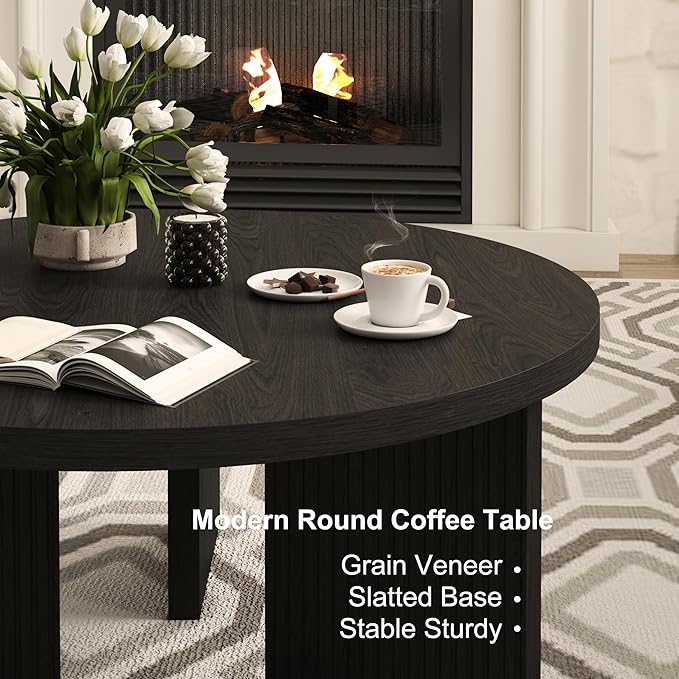 Wooden Round Coffee Table, 35" Coffee Table with Smooth Thick Mesa, Low Circle Center Table with X Shaped Stable Legs, Accent Tea Table for Living Room, Office, Black