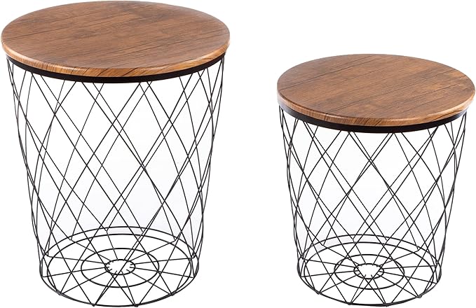 End Tables Set of 2 - Nesting Tables with Removable Wood Tops and Metal Basket Bases for Blanket Storage - Round Side Furniture for Living Room, Bedroom, or Home Office by Lavish Home (Brown)