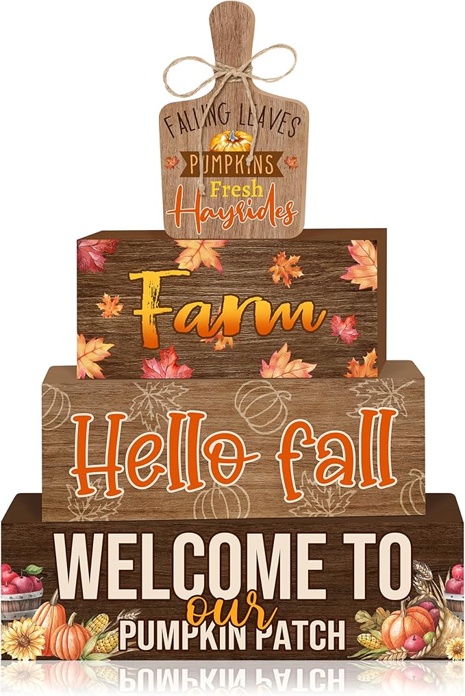 4 Pcs Fall Decorations for Home Farmhouse Tiered Tray Decor, Fall Kitchen Decor Rustic Wooden Cutting Board Block Sign Autumn Thanksgiving Harvest Tabletop Centerpieces for Home Table Indoor