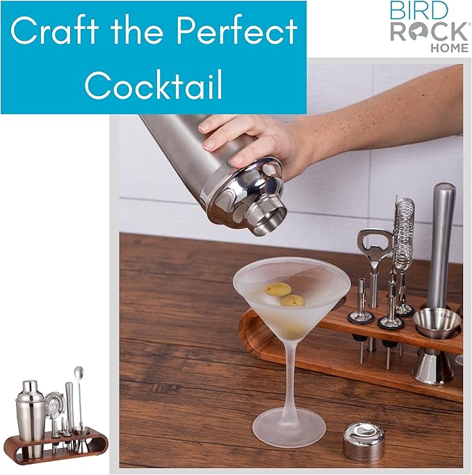 BIRDROCK HOME 10 Piece Professional Bartender Cocktail Mixing Set with Acacia Wood Stand | Stainless Steel Bar Tools for Home | Gift for Him | Includes Shaker, Muddler, Strainers, Jigger, and Spoon