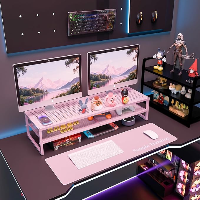 Simple Trending 2 Tier Metal Dual Monitor Stand Riser, Computer Office Desktop Organizer for 2 Monitors with 32"x10" Mouse Pad for Laptop, Printer, TV, Pink