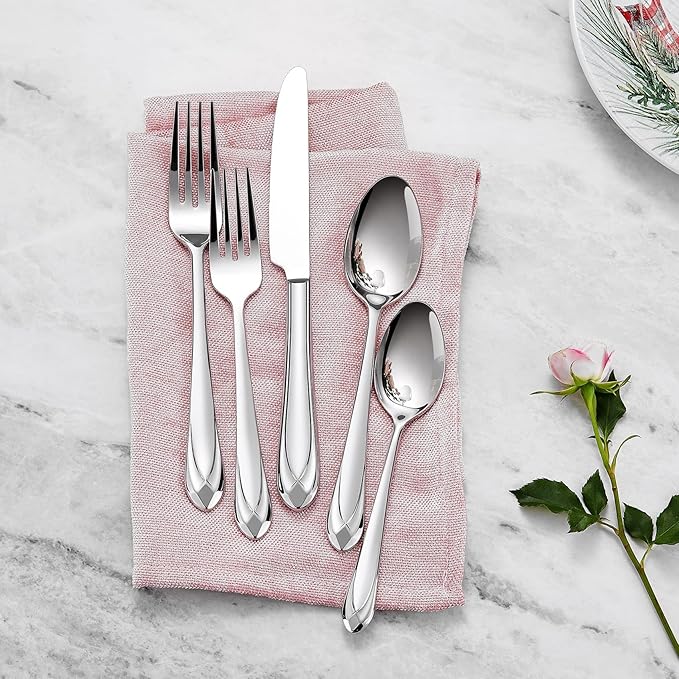 KEAWELL Premium Astra Flatware Set, 65-Piece for 12, Mirror-Finished 18/10 Stainless Steel Silverware, Modern Cutlery Dishwasher Safe for Meals and Gatherings (65, Silver)