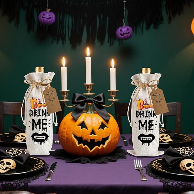 1Pcs Drink Me Gifts Wine Bag, Happy Halloween Wine Bag Halloween Party Decorations with 1Pcs Kraft Blessing Cards and natural jute rope