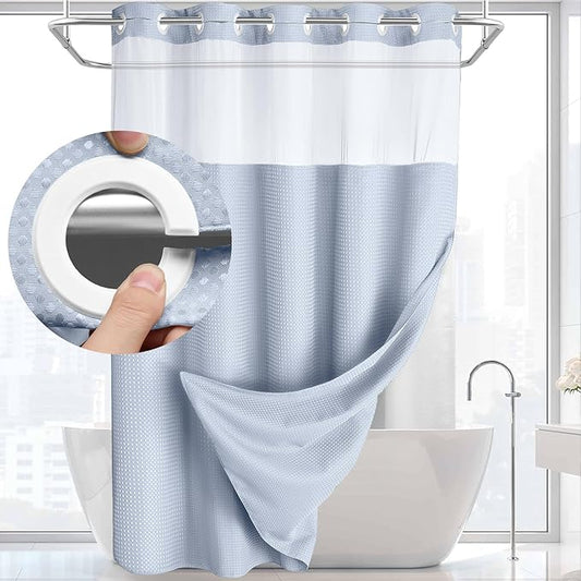 YellyHommy No Hook Shower Curtain with Snap in Liner Set Less Time Waffle Shower Curtain for Bathroom 75" L x 72" W Mist Blue