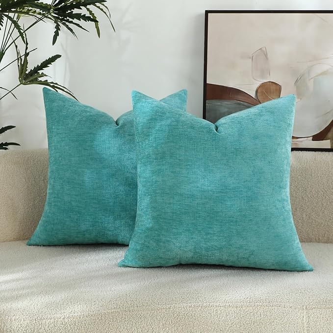 Aqua Green Chenille Decorative Couch Throw Pillow Covers, Soft Cushion Cases for Home Livingroom Sofa Décor, Pack of 2, 18 x 18 Inches