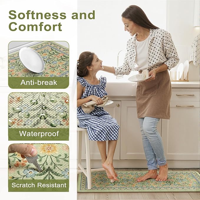 Collive Green Kitchen Mats for Floor, Cushioned Anti Fatigue Mat Non Skid Waterproof Kitchen Rugs Set of 2, Beige Vintage Comfort Standing Desk Rug for Office, Sink, Laundry, 17"x30"+17"x59"