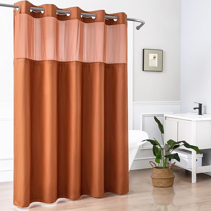 Mrs Awesome No Hook Shower Curtain with Snap-in Liner, Embossed Waffle Design Fabric Shower Curtain for Bathroom, Soft & Lightweight, 71x74, Taerracotta