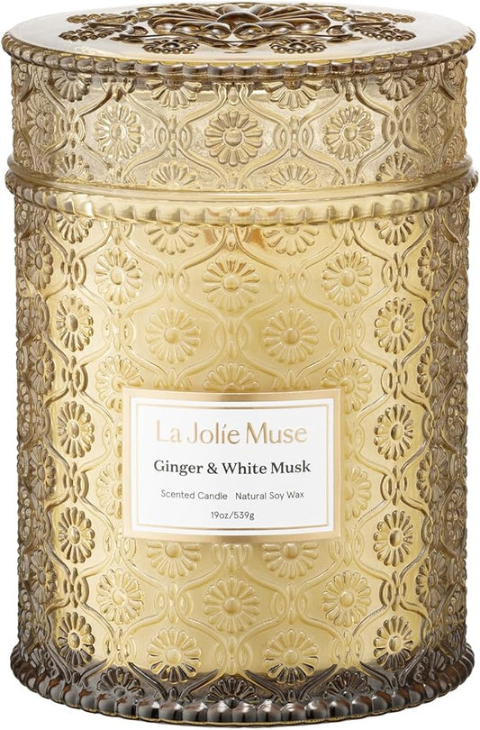 LA JOLIE MUSE Fall Candle | Ginger & White Musk Candle – Ginger, Lemongrass & Musk | 19 oz Wooden Wick | Natural Soy Wax | 90 Hours Clean Burn | Gift-Ready for Fall Transitions| Seasonal Home Décor