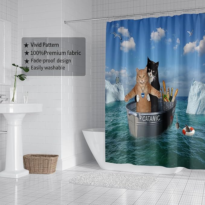 Domoku Cat Shower Curtain Funny Pet Kitten Couple Cosplay in Ocean Fun Cute Cat Bathroom Shower Curtains Polyster Fabric Waterproof with 12Hooks,72 * 84inch/180cm*210cm