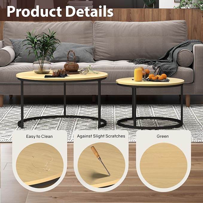 Nesting Tables Set of 2, 31.5" Round Coffee Table, Small Nesting Coffee Table with Adjustable Non-Slip Fee, Wood Grain Top Nesting Tables for Living Room, Bedroom (Wood Grain Light Brown)