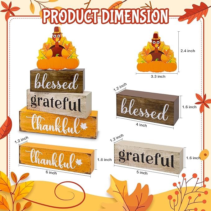 4 Pcs Thanksgiving Wooden Tiered Tray Decor, Blessed Grateful Thankful Decorations Gifts for Home, Fall Table Centerpiece for Fall Party Kitchen