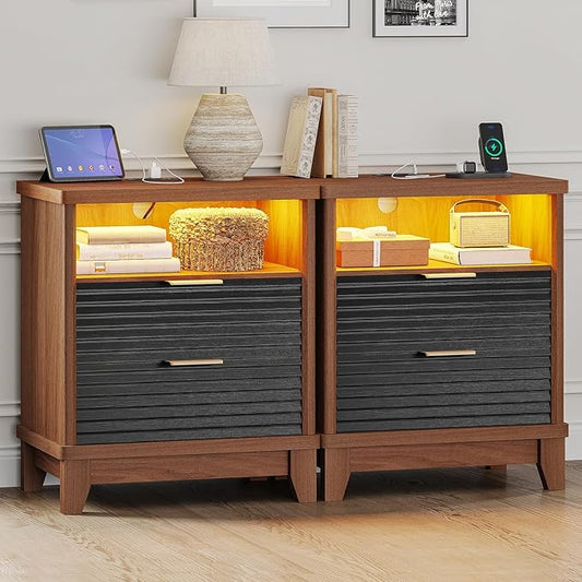 AOGLLATI Fluted Night Stand Set of 2 with Charging Station and 2 Drawers, Black Nightstands Set of 2, Beside Table with Open Storage and Led Lights, Retro End Side Table for Bedroom (2, Black)