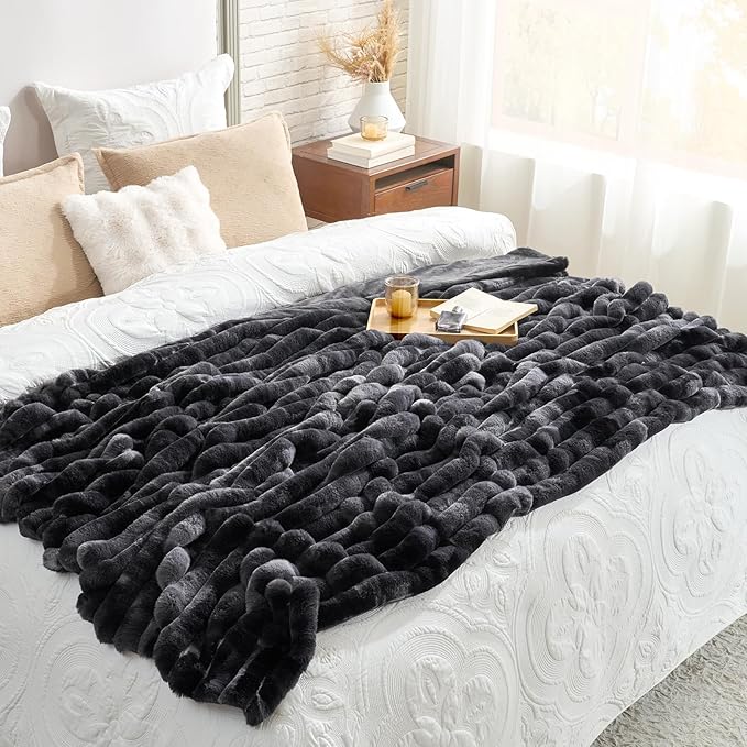 Cozy Bliss Faux Fur Throw Blanket for Couch, Cozy Warm Plush Striped Blanket for Sofa Bedroom Living Room, 50 * 60 Inches Tie-dye Black