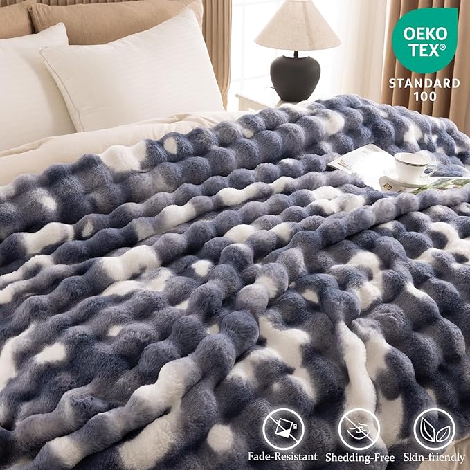 Cozy Faux Fur Throw Blanket for Bed-Warm Fuzzy Throw Blanket, Soft Plush Thick Bubble Blankets for Bedroom and Living Room, Furry Luxury Blanket, 90 x 108,Tie-Dye Blue