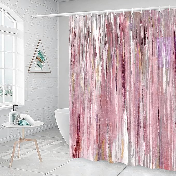 JAWO Abstract Shower Curtain, Modern Aesthetic Stripe Shower Curtain Set Inches with 12 Hooks for Bathtub Bathroom Gray Pink Brown Contemporary Abstract Painting Fabric